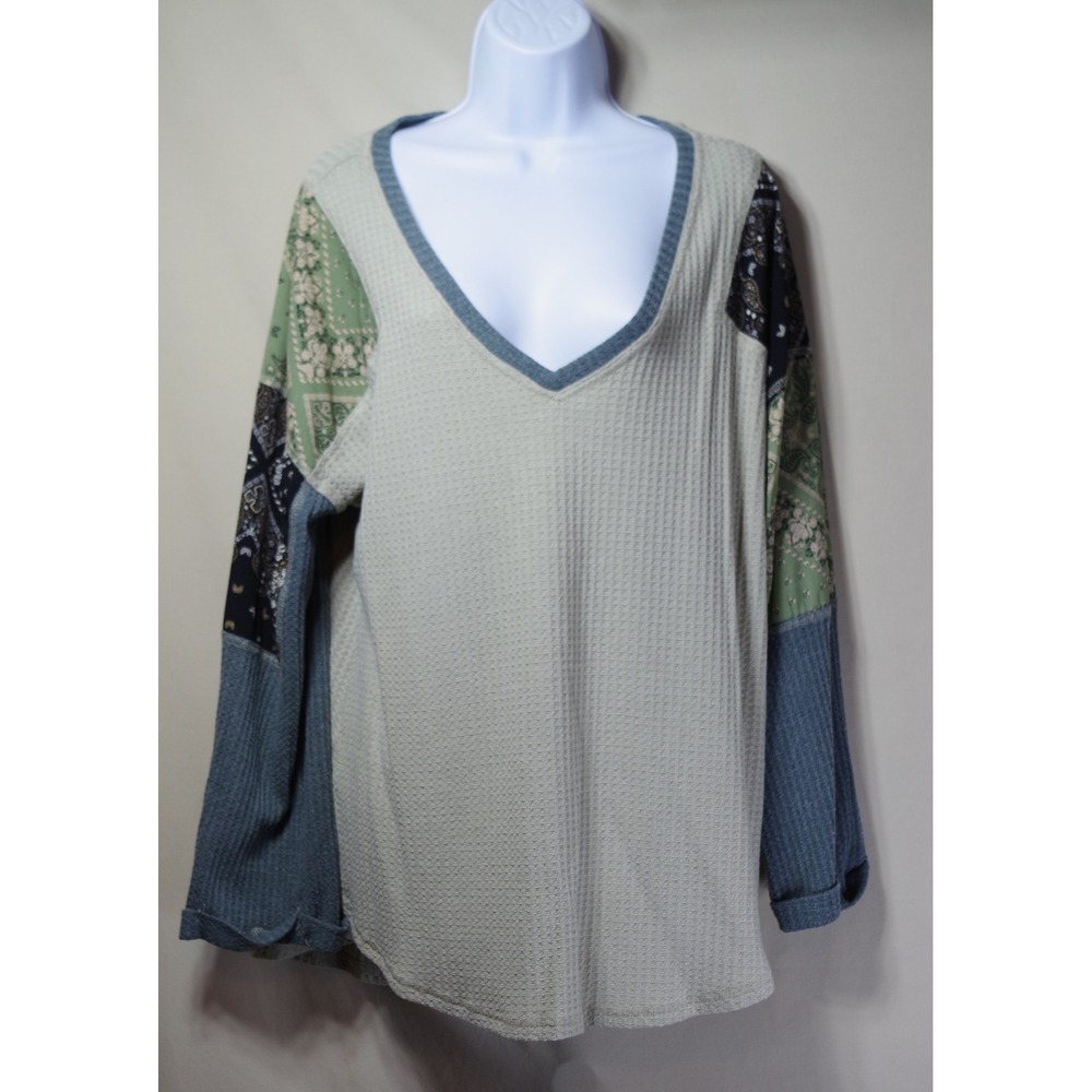 Jodifl Women's Large Waffle Knit Patchwork Bandana Sleeve V-Neck Top Beige